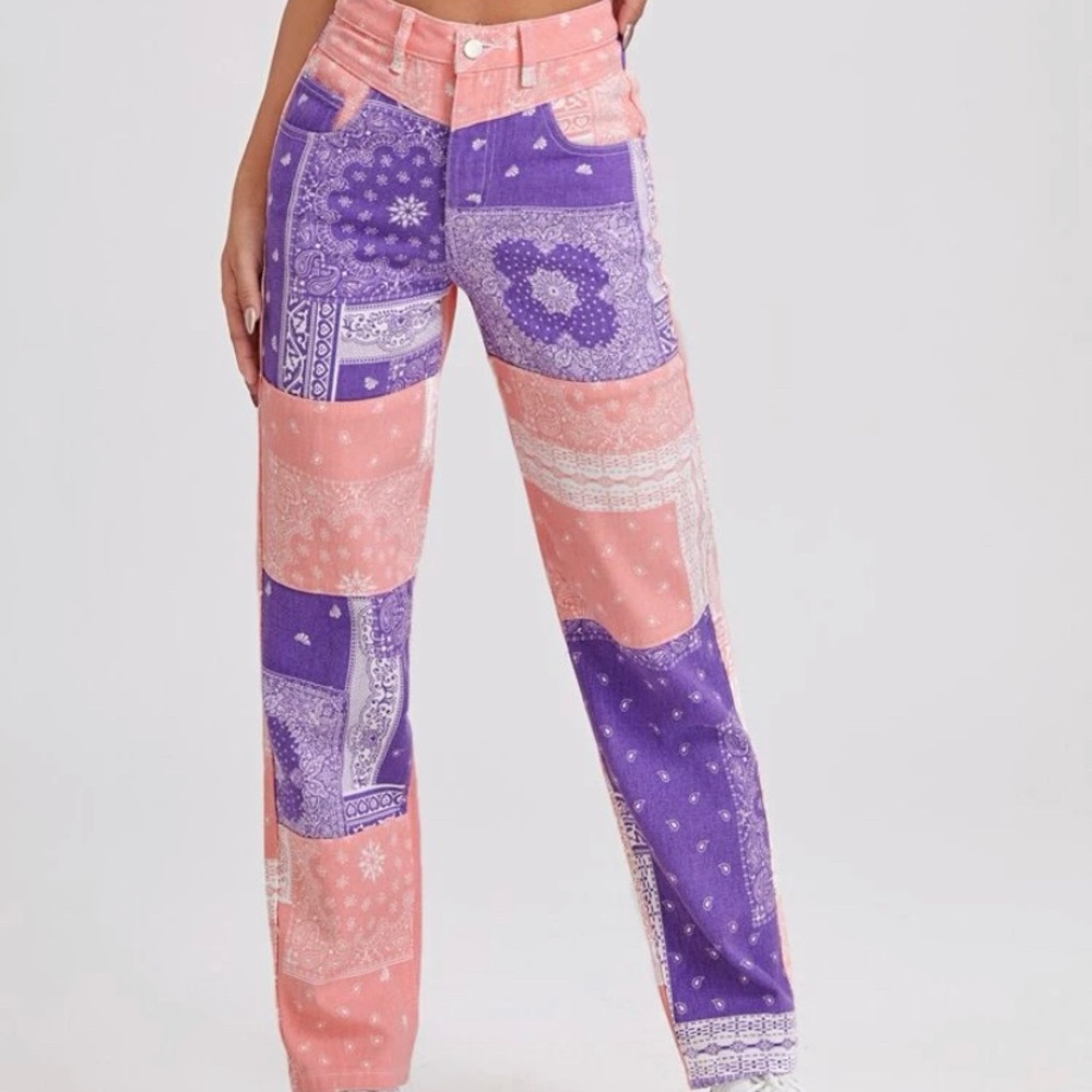 High waist Paisley color block straight legs jeans